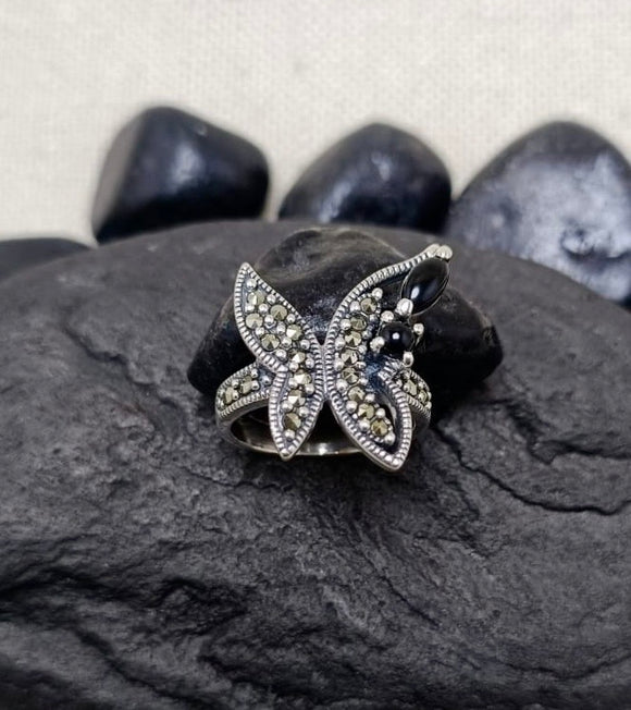 Marcasite Onyx Silver Ring