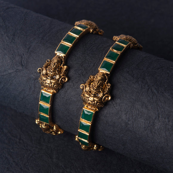 Temple Gold Polished Emerald Kada pair