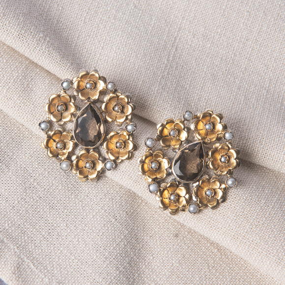 2 Tone Garnet Pearl Silver Earrings