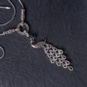 Peacock Marcasite Blue Sapphire Silver Pendant with Chain