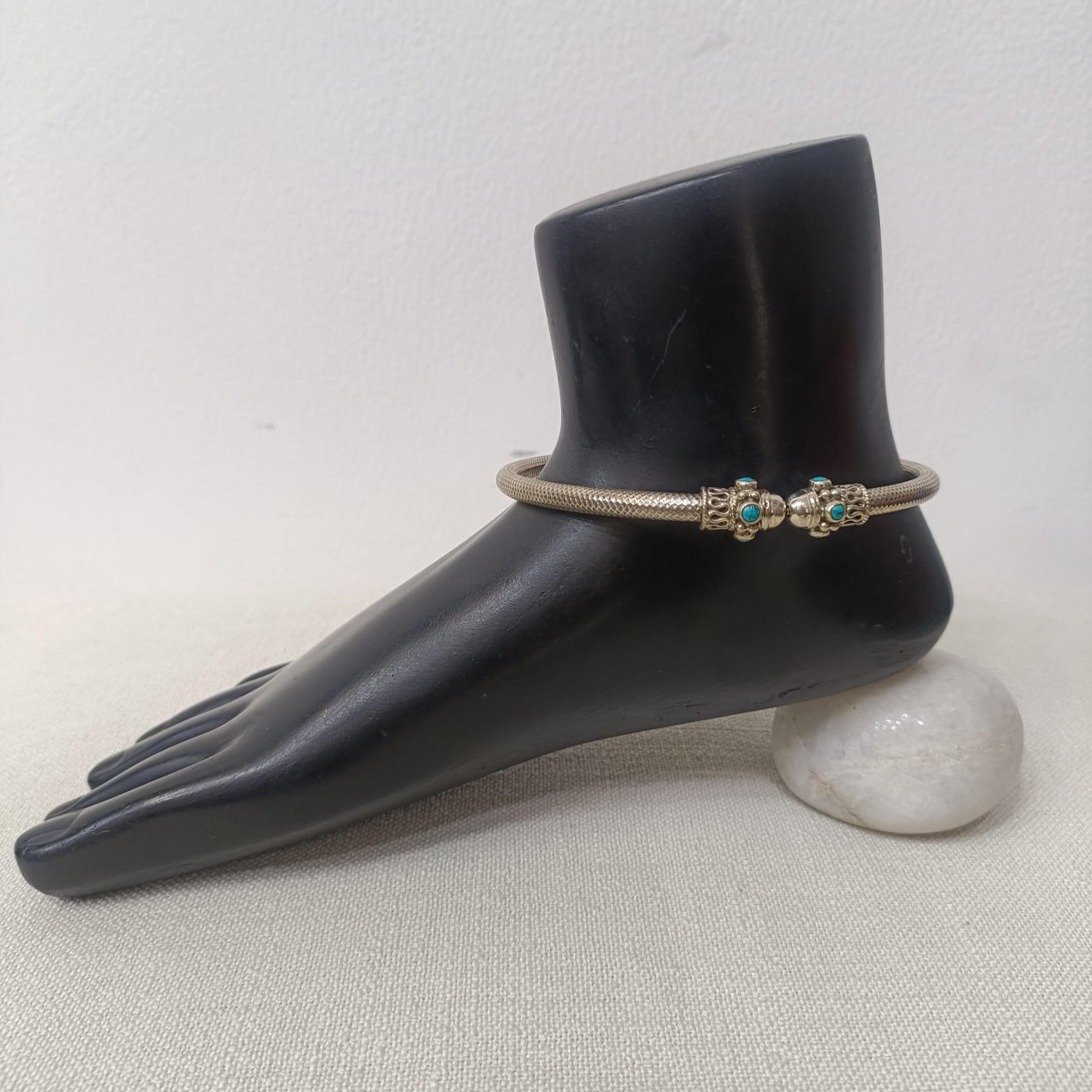 Turquoise Silver Anklet Kada - Pair