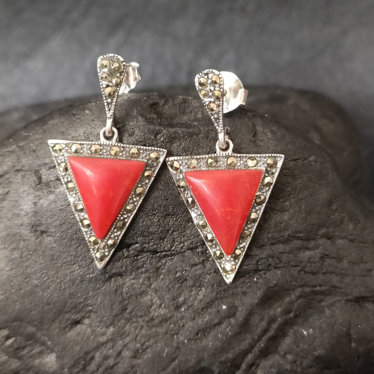 Coral Marcasite Stud Earrings Coral Marcasite Silver Earrings