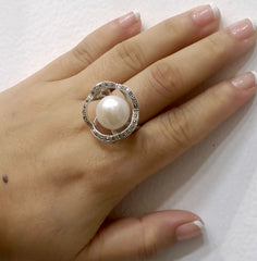 Marcasite Pearl Silver Ring
