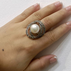 Marcasite Pearl Silver Ring