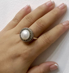 Marcasite Pearl Silver Ring