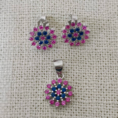 Cut Stone Silver Pendant Earrings Set