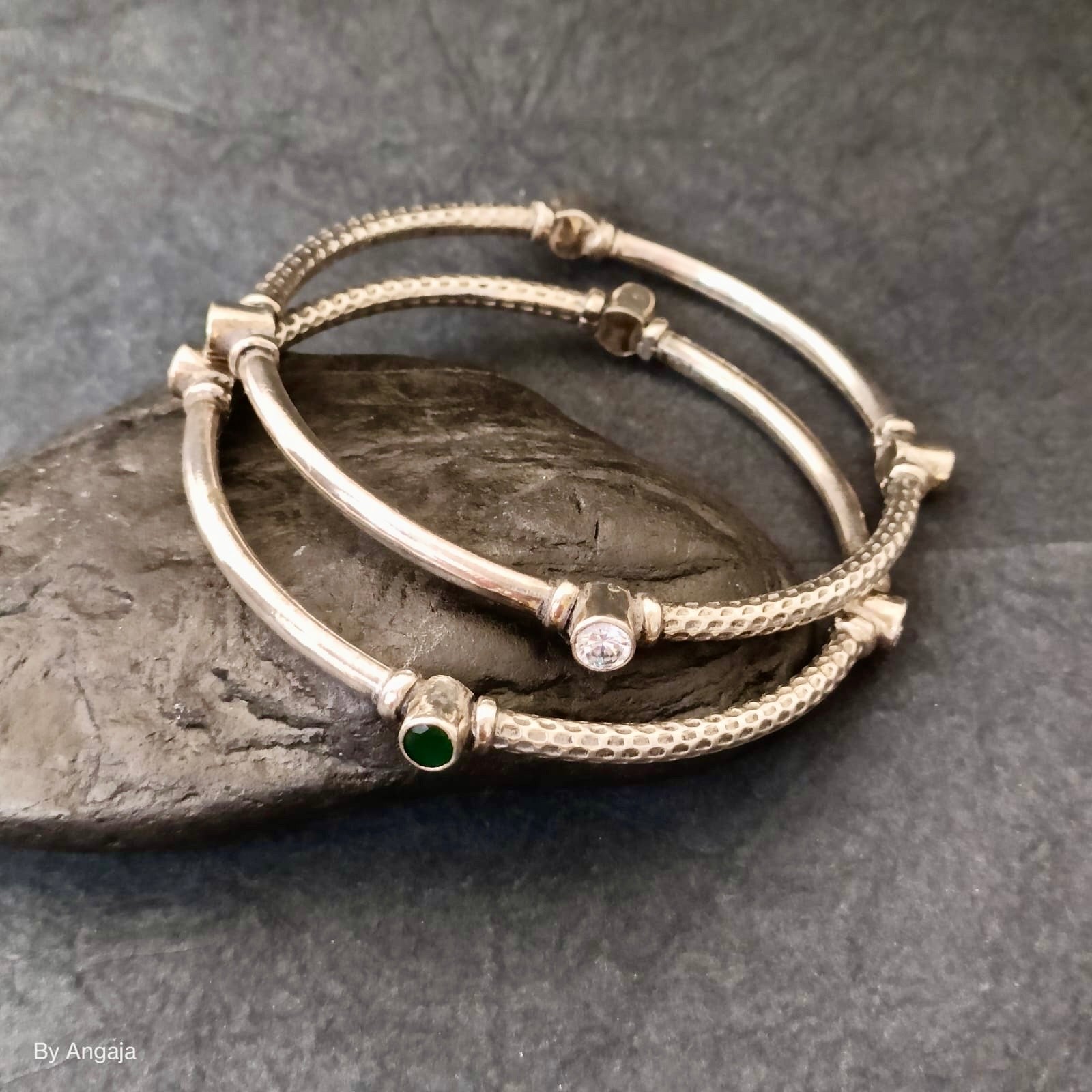 Cut Stone Silver Bangles – Angaja Silver - Main Image