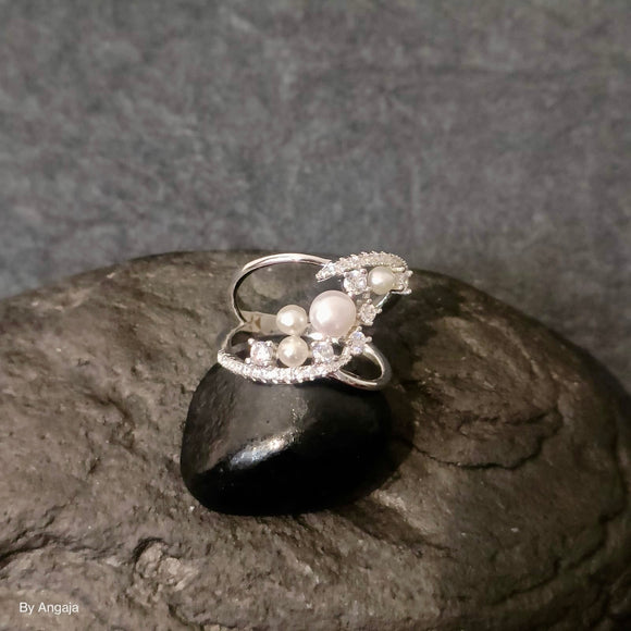American Diamond Pearl Silver Ring