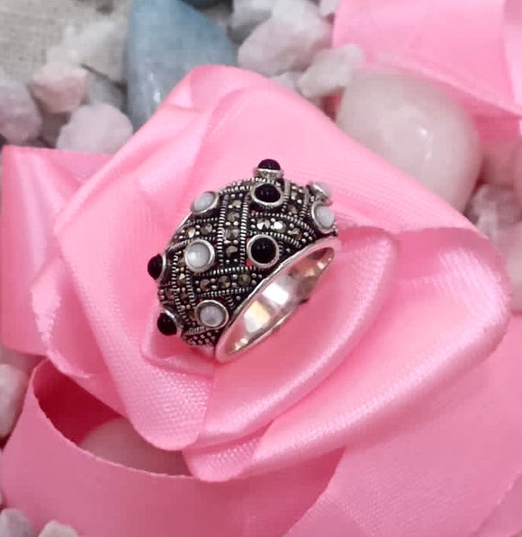 Pearl Marcasite Onyx Cocktail Silver Ring