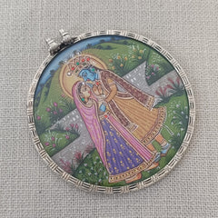 Radha Krishna Painted Silver Pendant