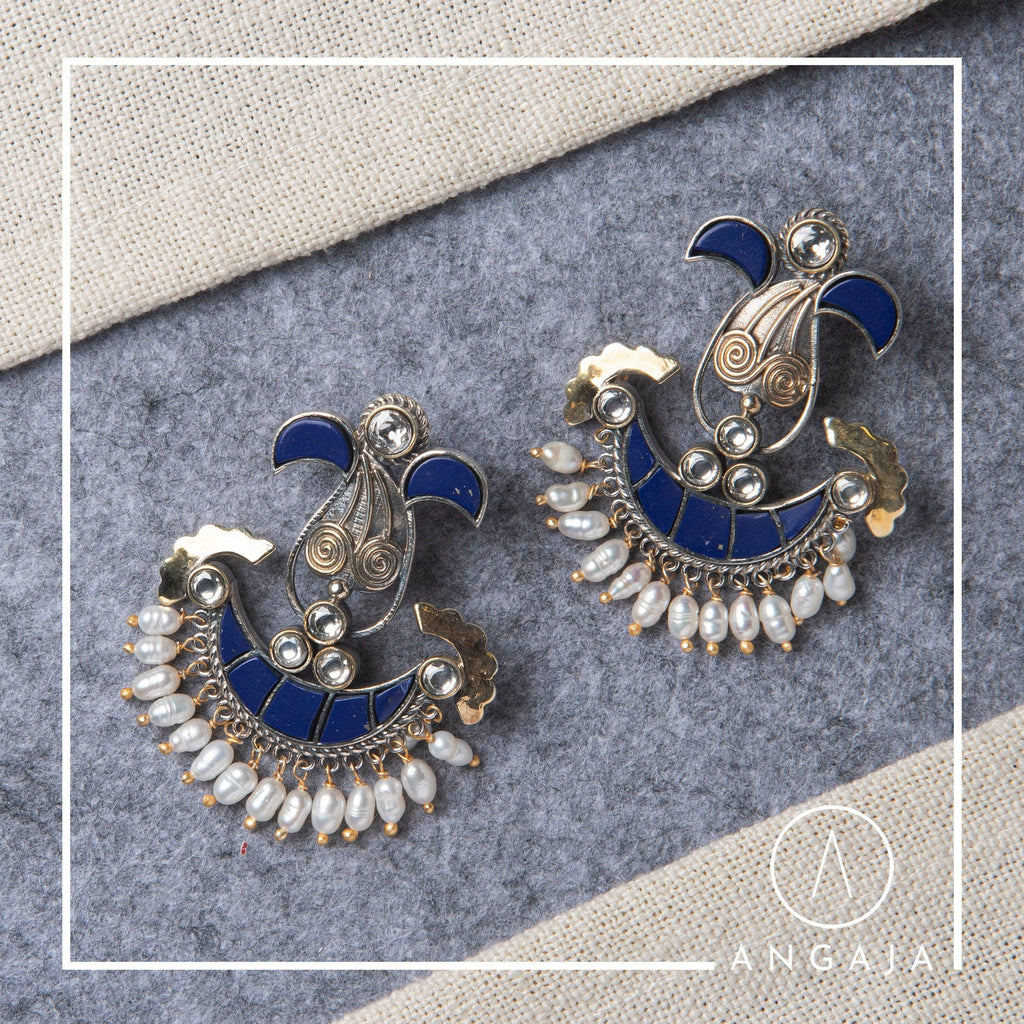 2 Tone Kundan Earrings - Angaja Silver