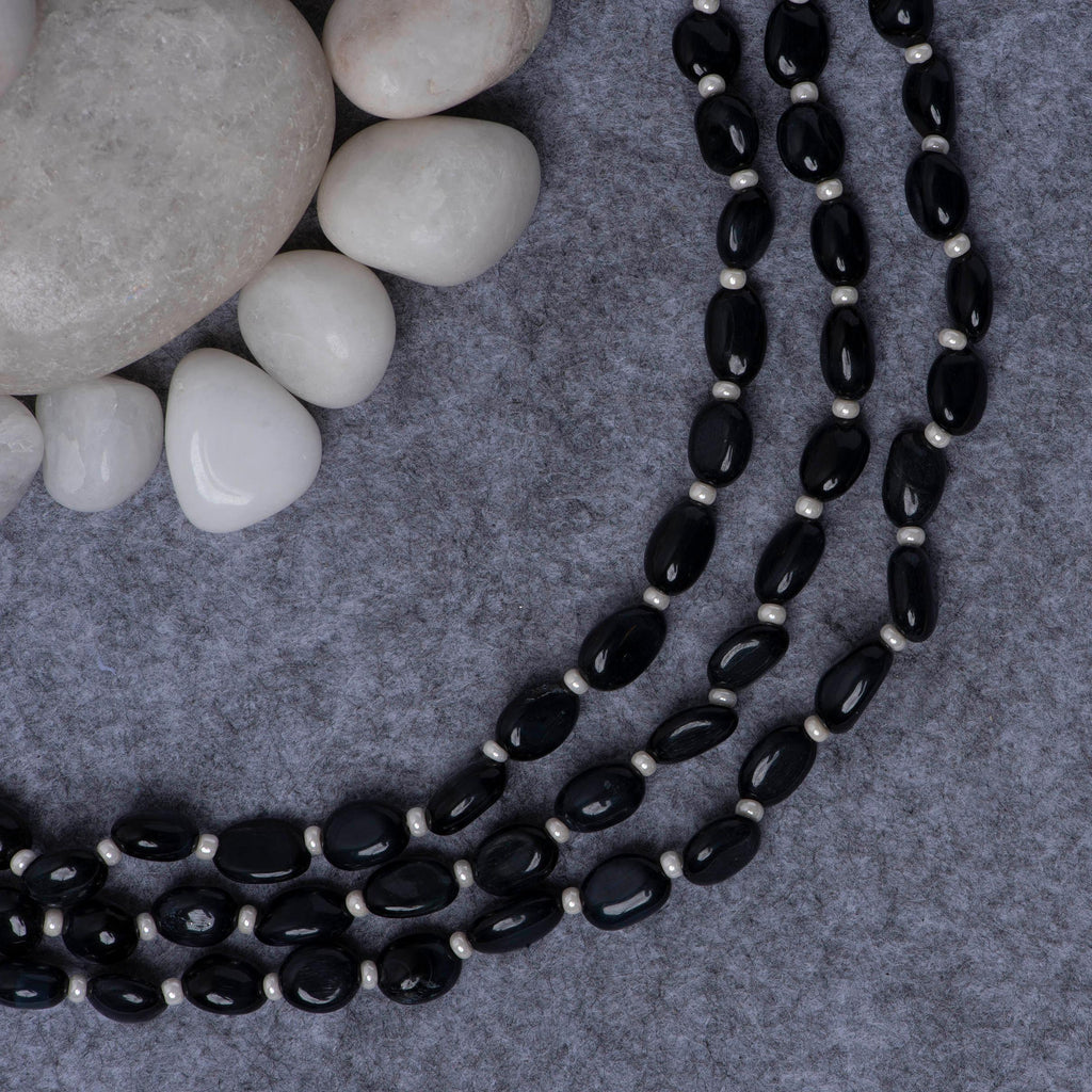 Black Onyx 3 Line Silver Mala - Angaja Silver