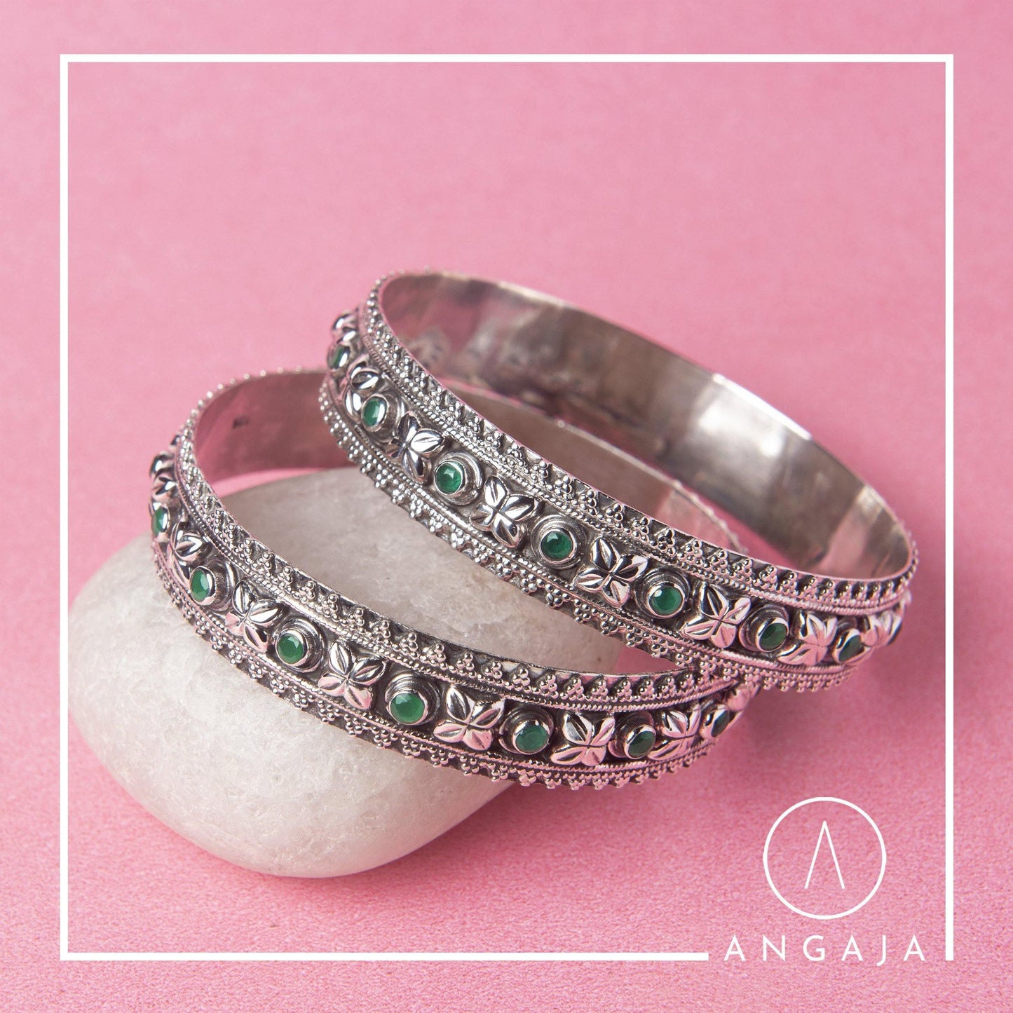Cut Stone Silver Bangle - Angaja Silver