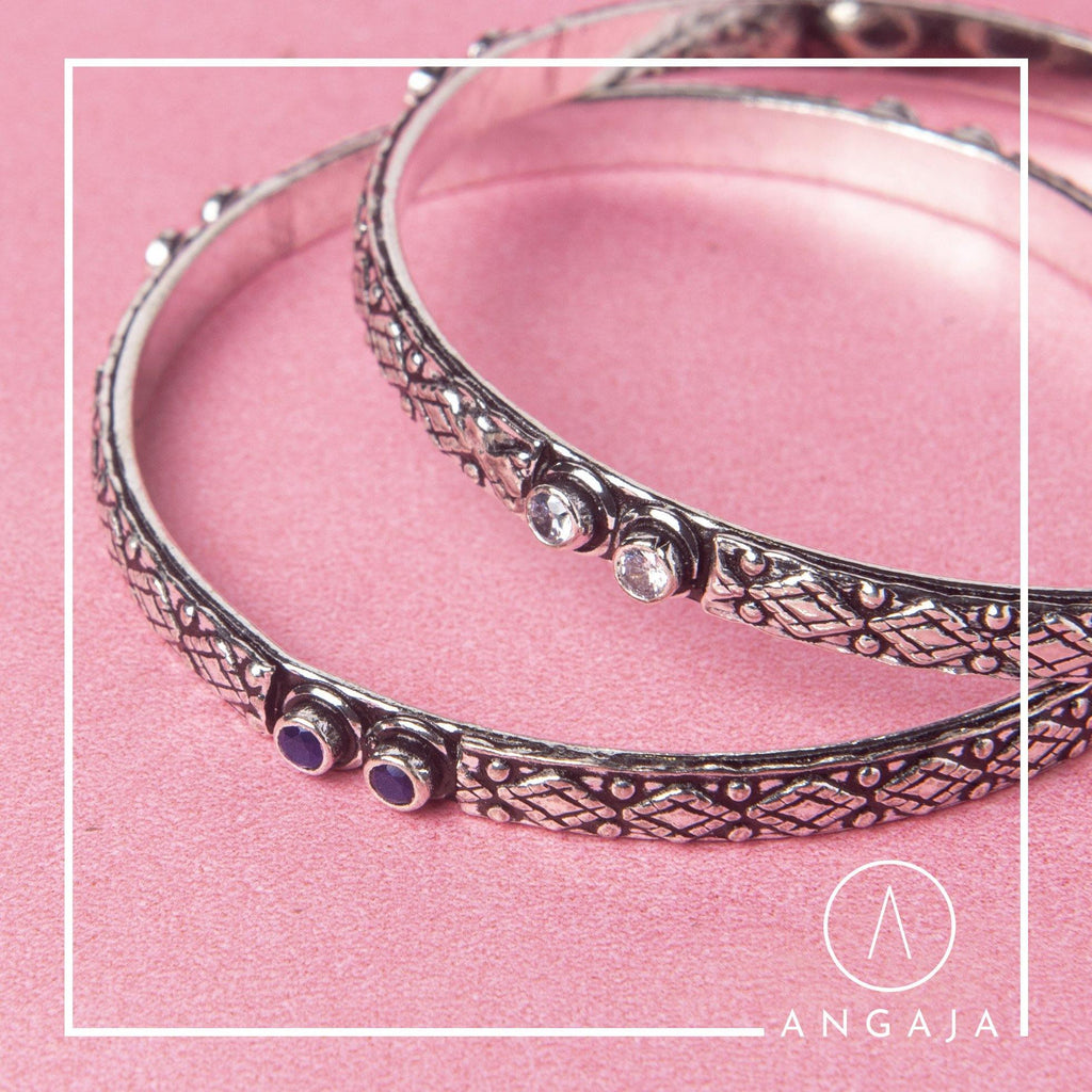 Cut Stone Silver Bangle - Angaja Silver