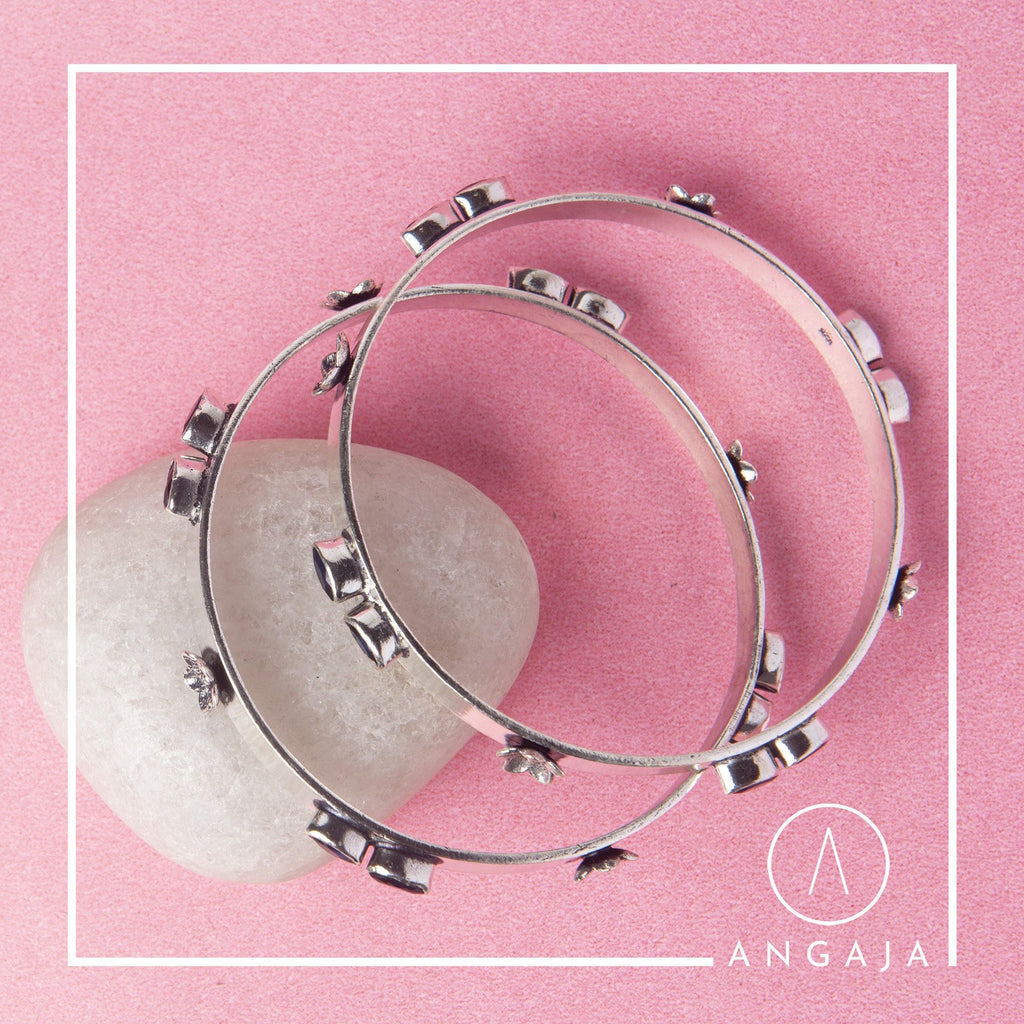 Cut Stone Silver Bangle - Angaja Silver