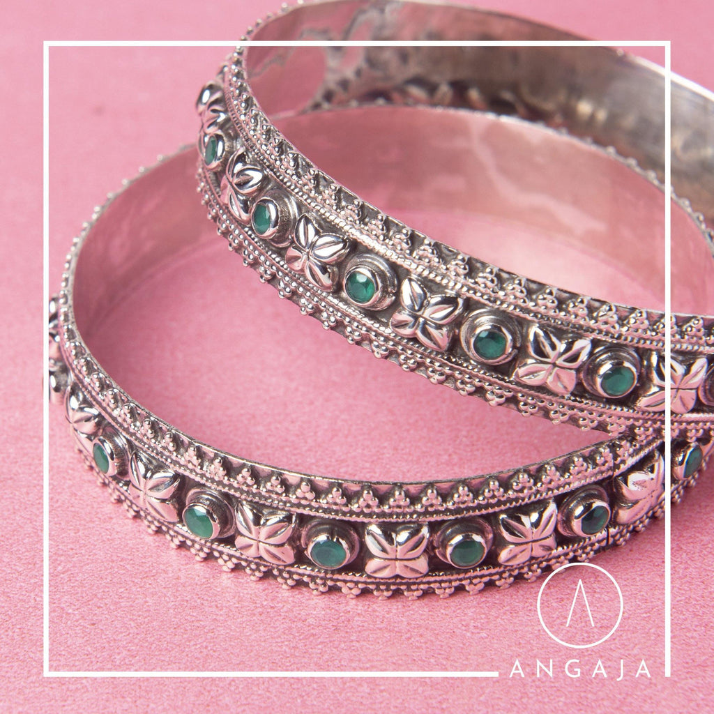 Cut Stone Silver Bangle - Angaja Silver