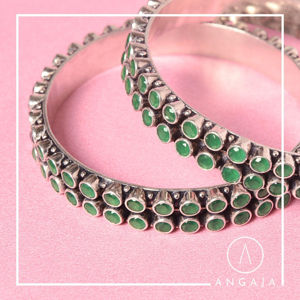 Cut Stone Silver Bangle - Angaja Silver