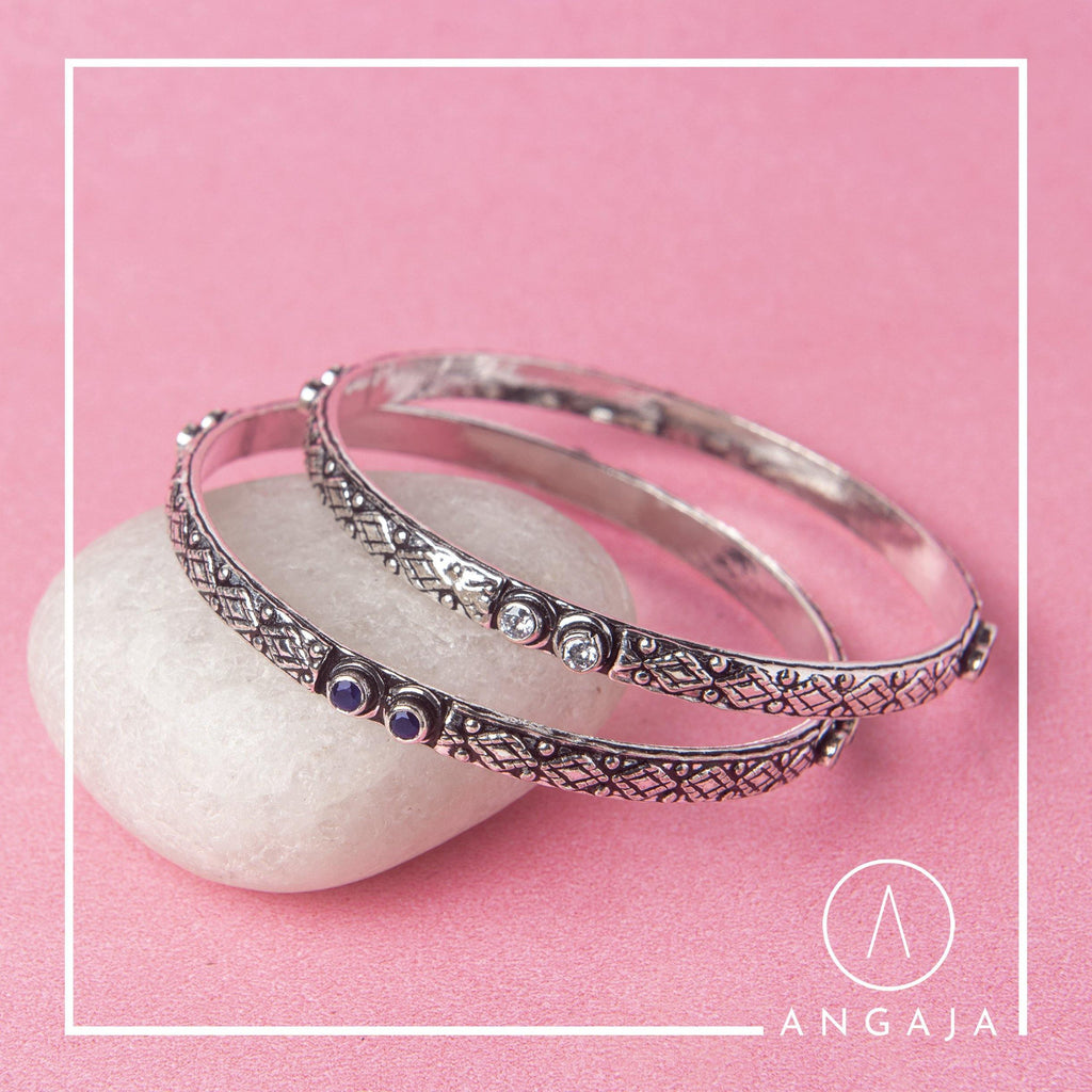 Cut Stone Silver Bangle - Angaja Silver