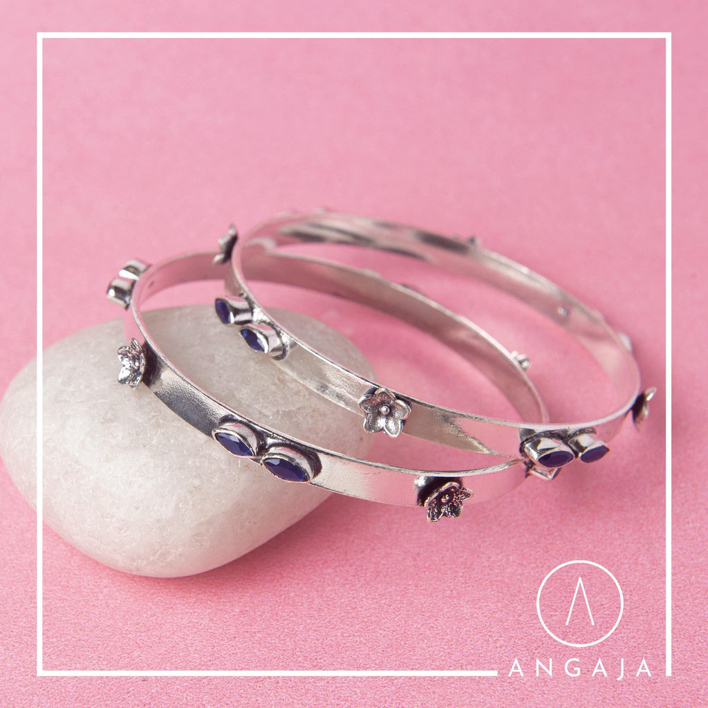 Cut Stone Silver Bangle - Angaja Silver