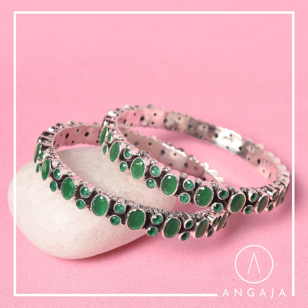 Cut Stone Silver Bangle - Angaja Silver