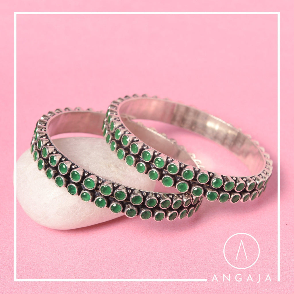 Cut Stone Silver Bangle - Angaja Silver