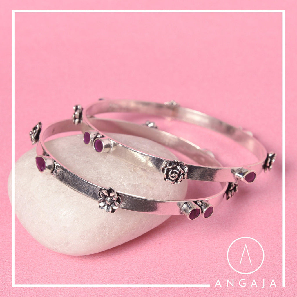 Cut Stone Silver Bangles - Angaja Silver