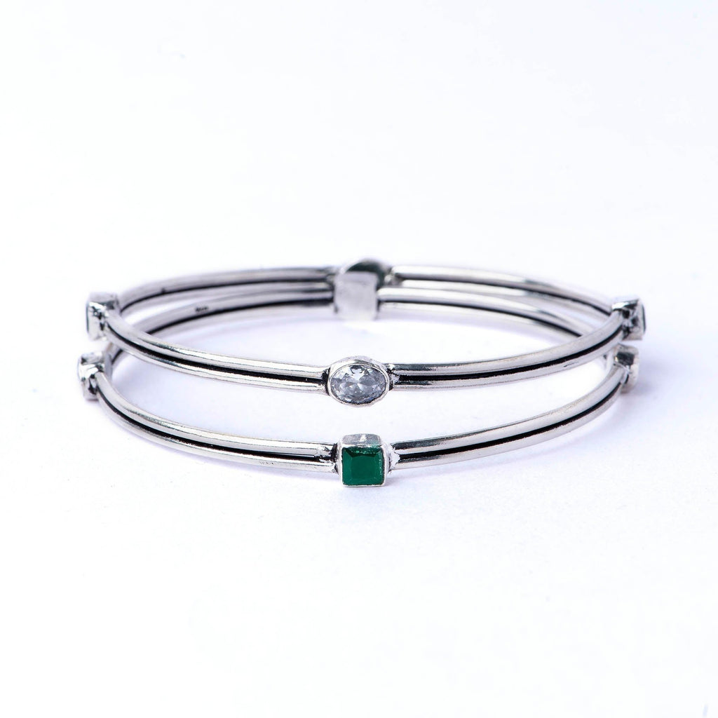 Cut Stone Silver Bangles - Angaja Silver