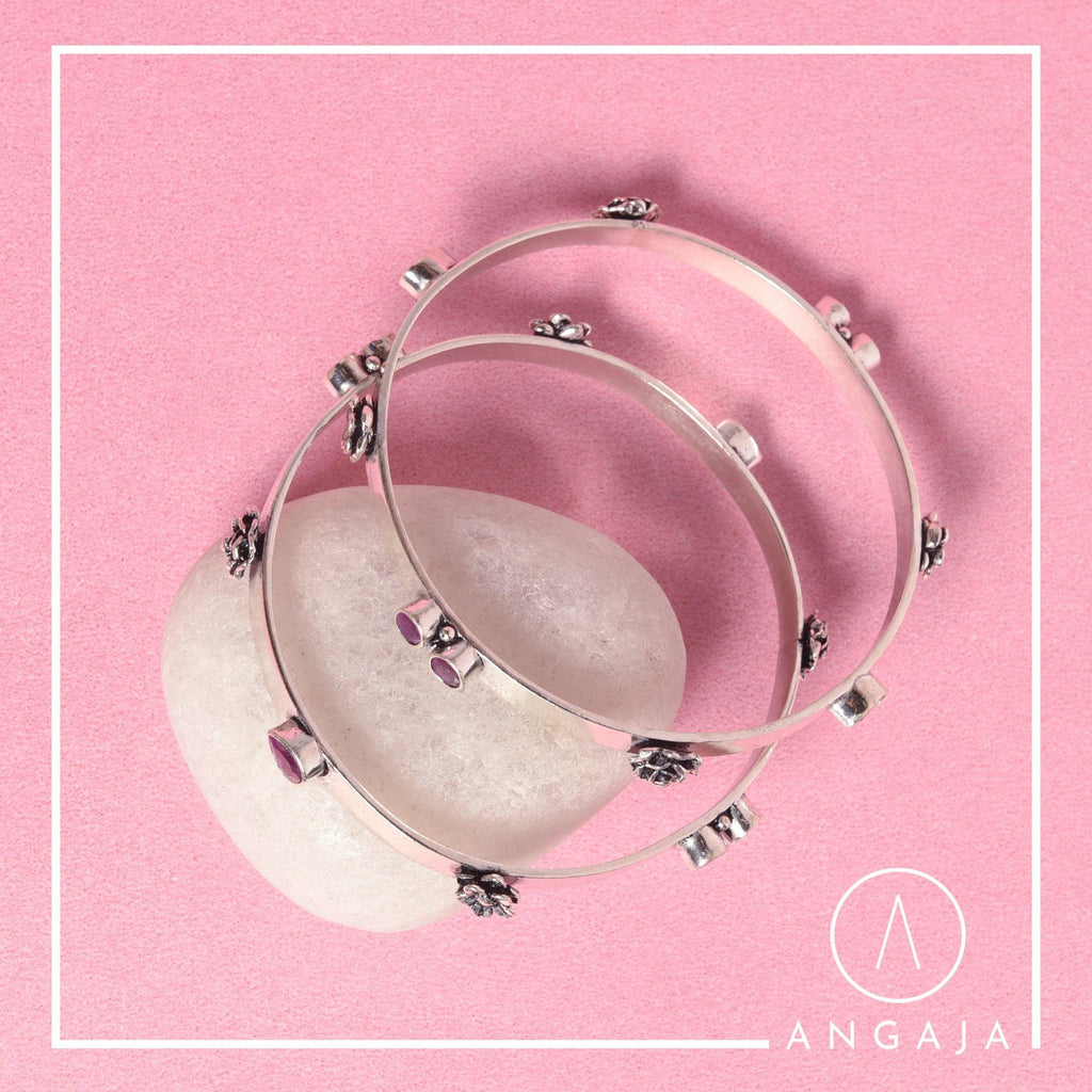 Cut Stone Silver Bangles - Angaja Silver