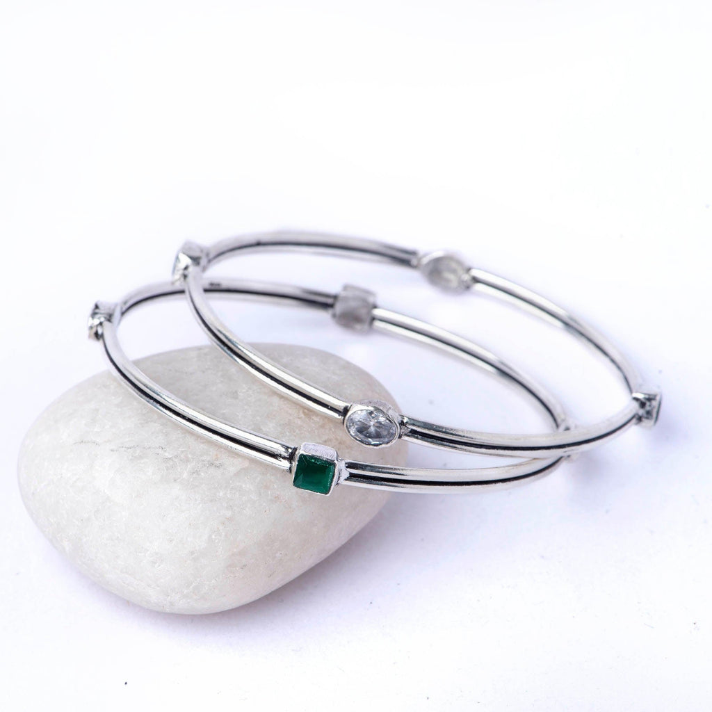 Cut Stone Silver Bangles - Angaja Silver