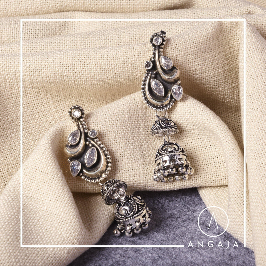 Cut stone silver jhumka - Angaja Silver