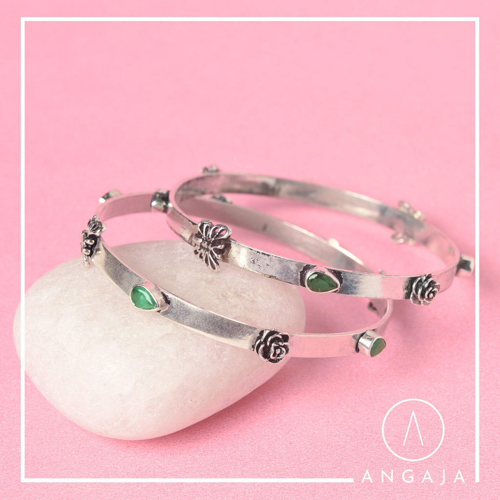 Cuto Stone Silver Bangles - Angaja Silver