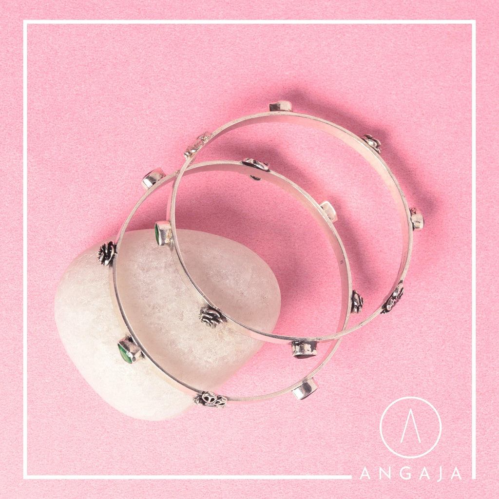 Cuto Stone Silver Bangles - Angaja Silver