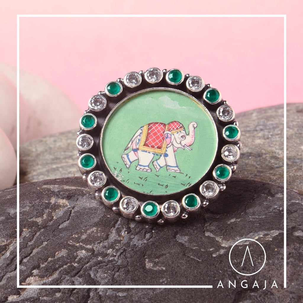 Cutstone Elephant Silver Ring - Angaja Silver