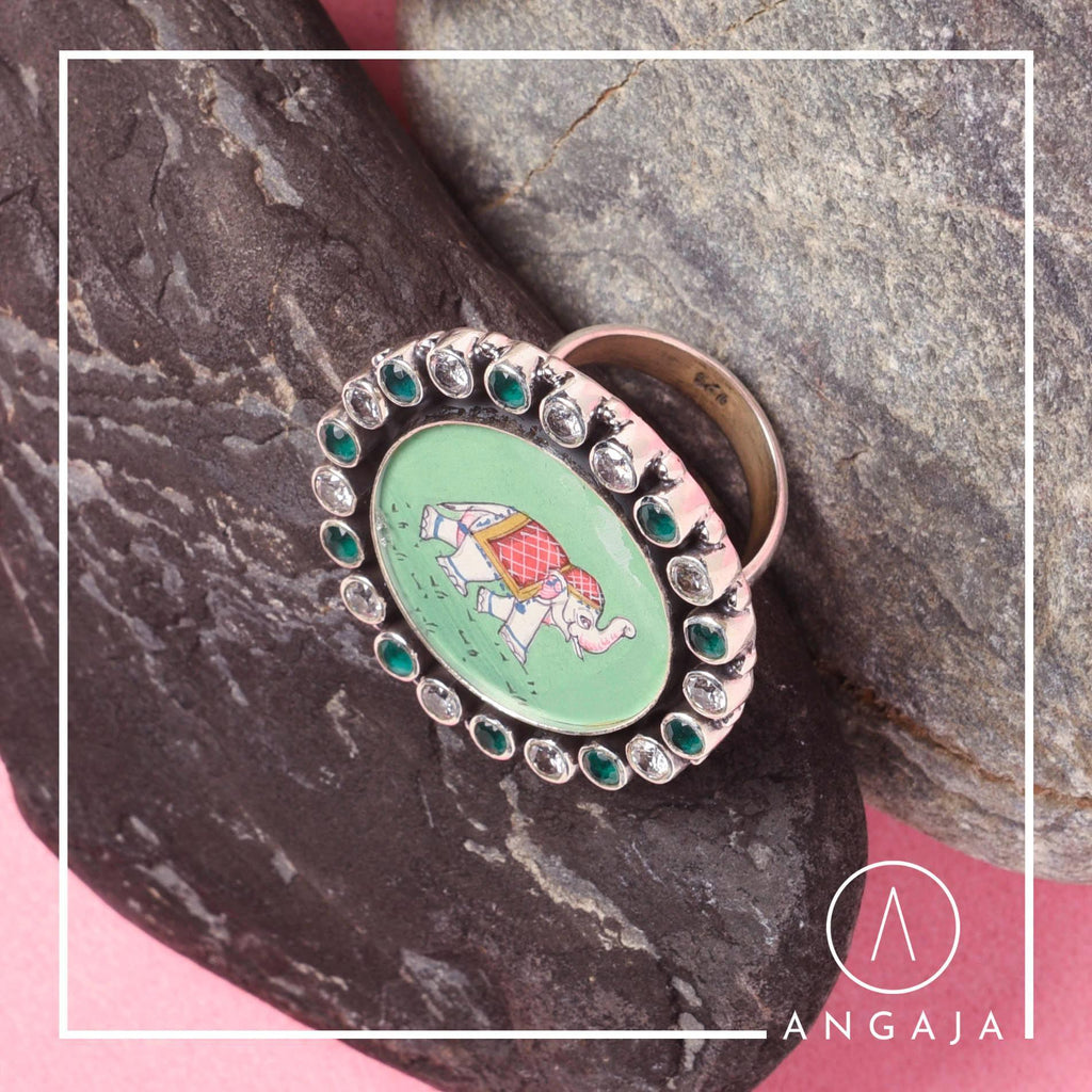 Cutstone Elephant Silver Ring - Angaja Silver