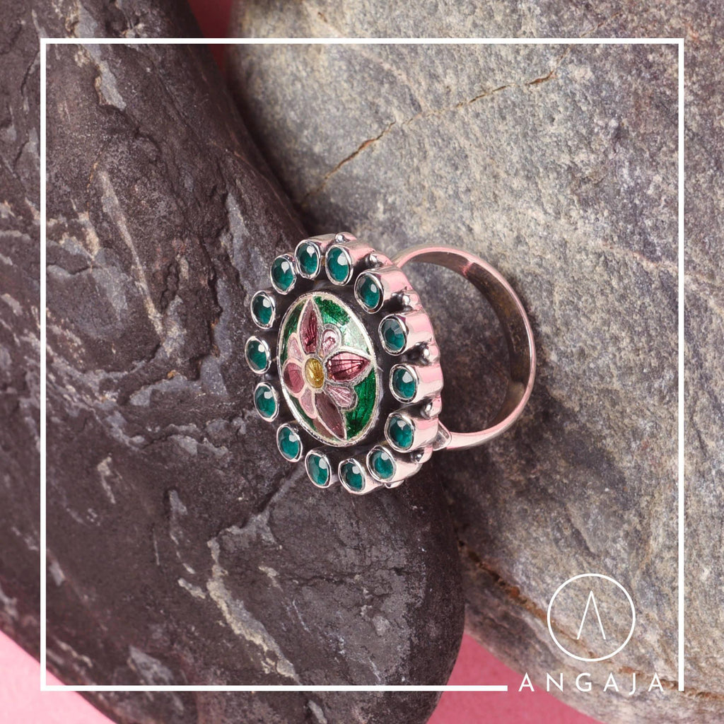 Cutstone Enamel Silver Ring - Angaja Silver