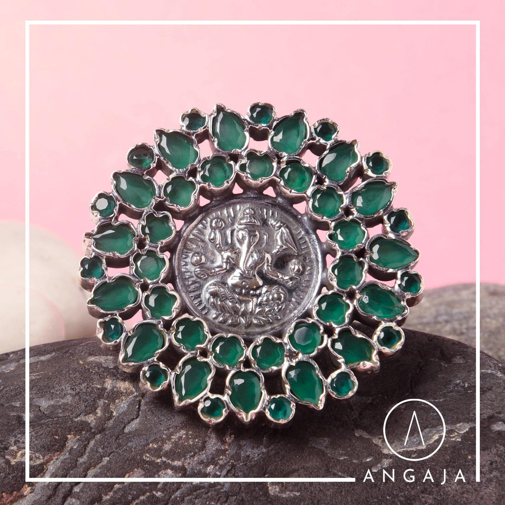 Cutstone Ganesha Silver Ring - Angaja Silver