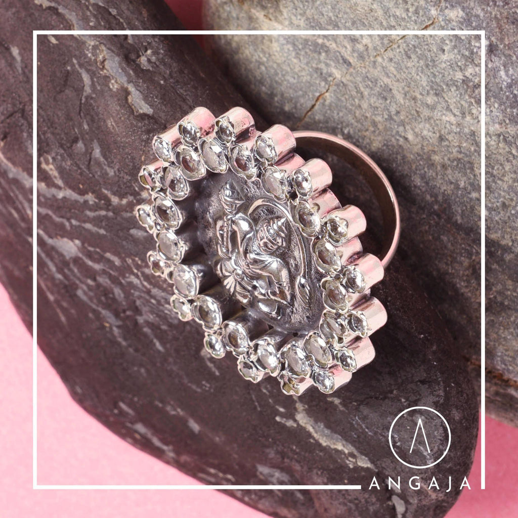 Cutstone Hanuman Silver Ring - Angaja Silver