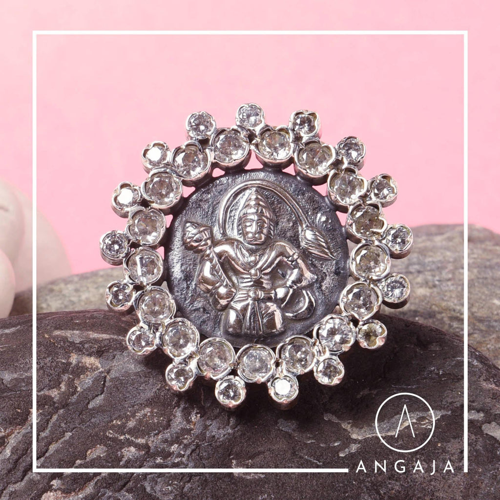 Cutstone Hanuman Silver Ring - Angaja Silver