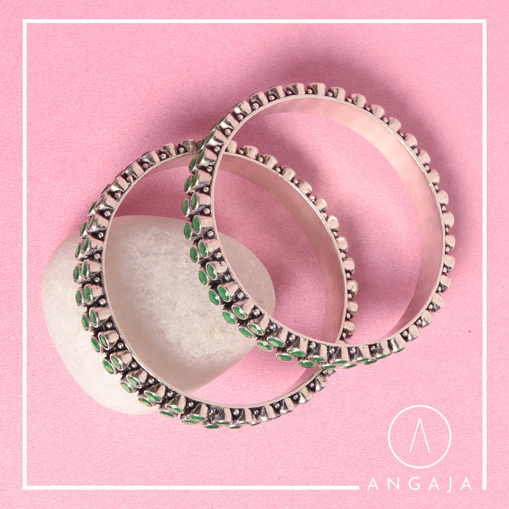 Cut Stone Silver Bangle - Angaja Silver