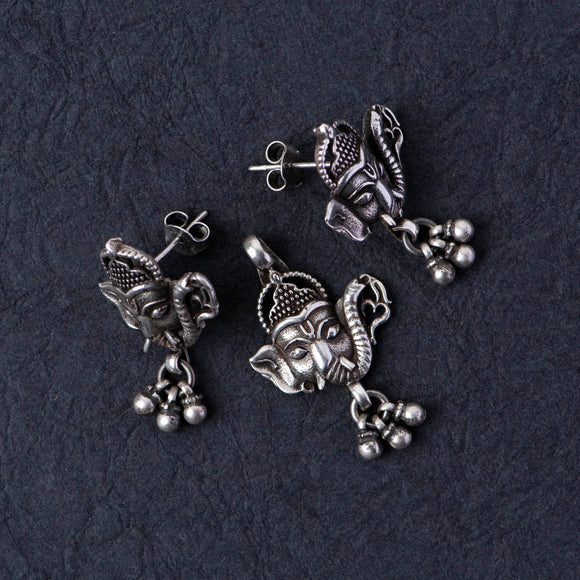 Silver Ganesh Pendant With Earrings - Angaja Silver