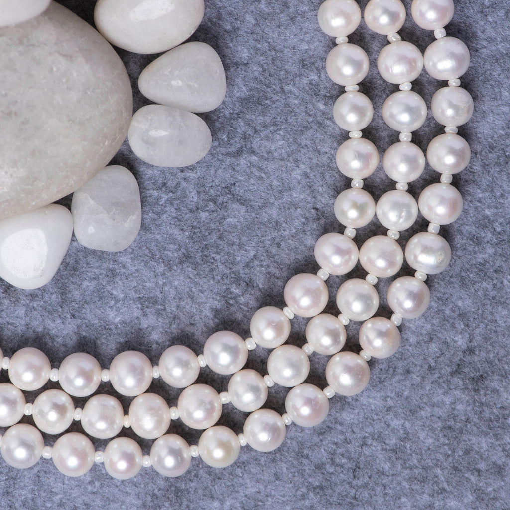 Fresh Water 3 Line Pearl Mala - Angaja Silver