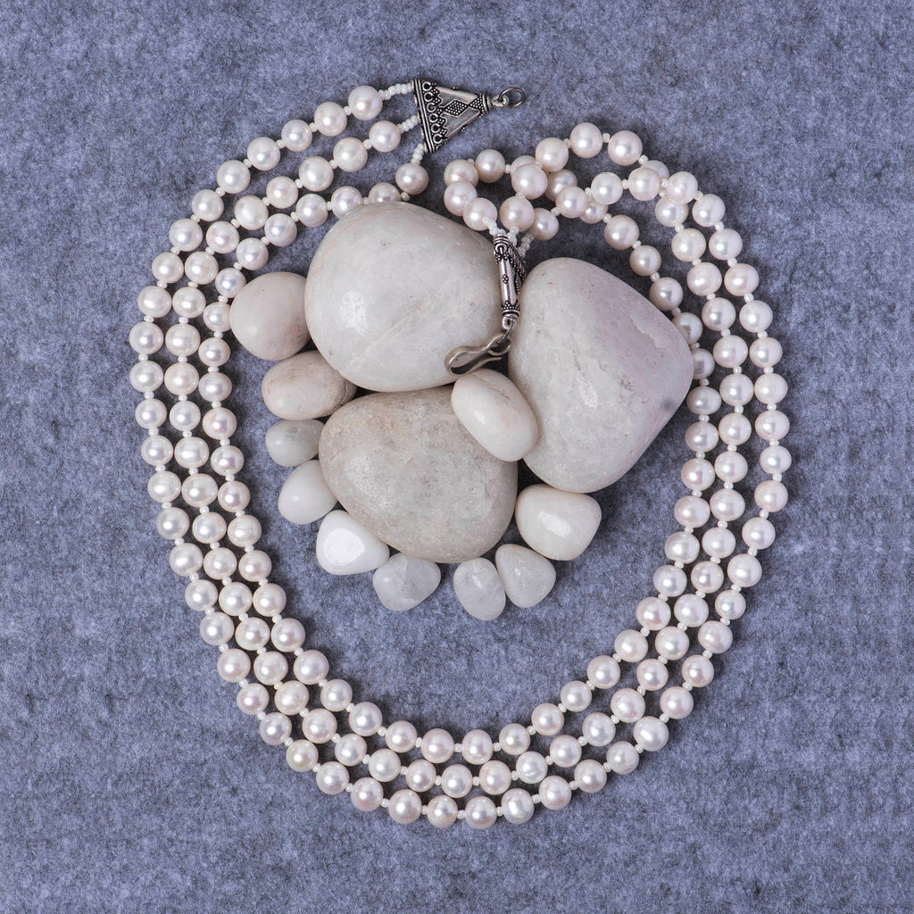 Fresh Water 3 Line Pearl Mala - Angaja Silver