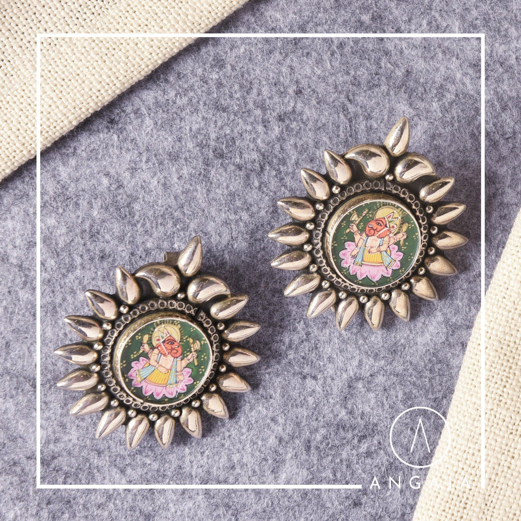 Ganesha Picture Studs - Angaja Silver