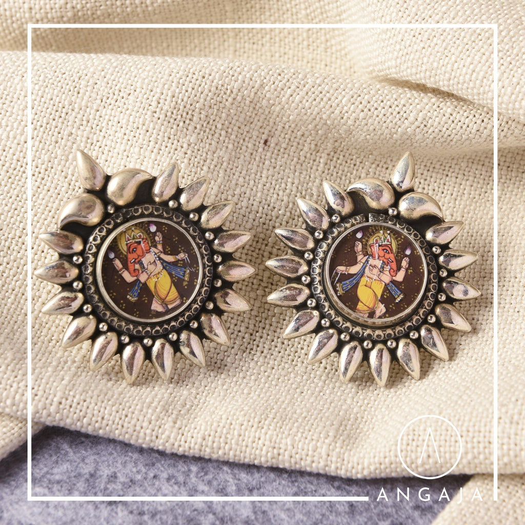 Ganesha Picture Studs - Angaja Silver