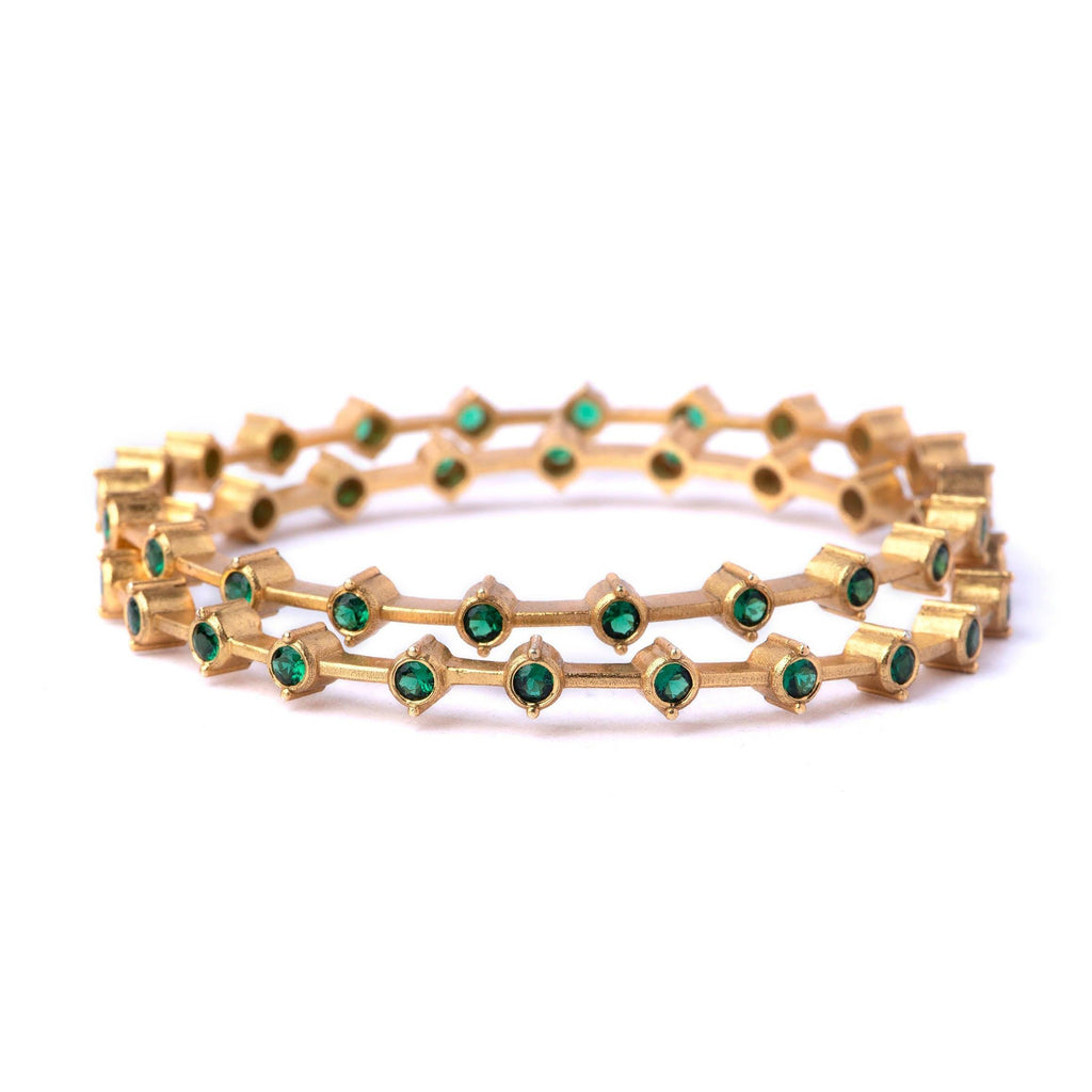 Gold Plated Green Emerald Silver Bangles - Angaja Silver