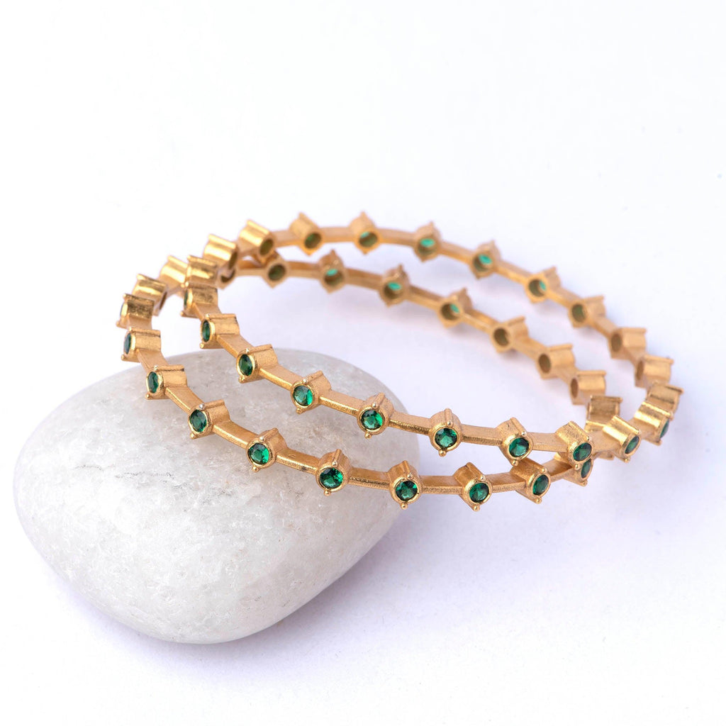 Gold Plated Green Emerald Silver Bangles - Angaja Silver