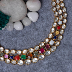 Gold Plated Navratan Kundan Necklace