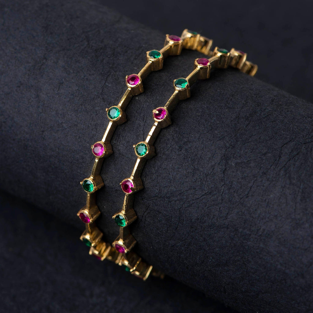 Gold Plated Ruby Emerald Silver Bangles - Angaja Silver