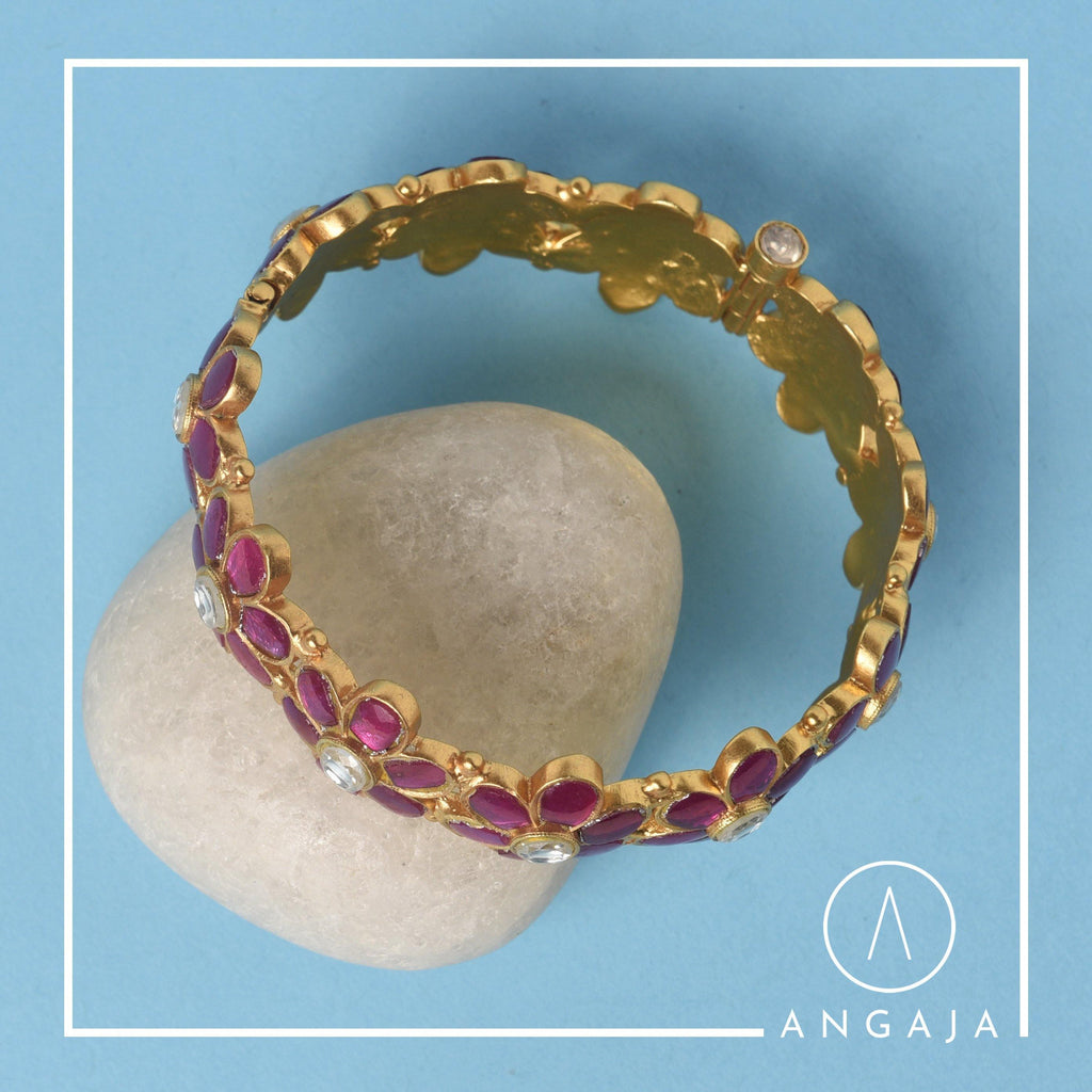 Gold Plated Ruby and Kundan Silver Kada - Angaja Silver