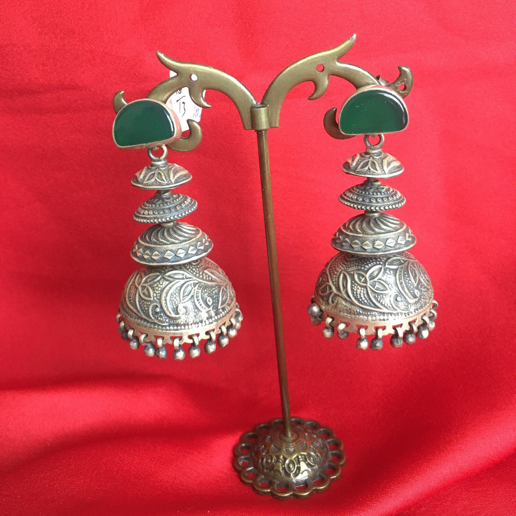 Jhumka Green Onyx - Angaja Silver